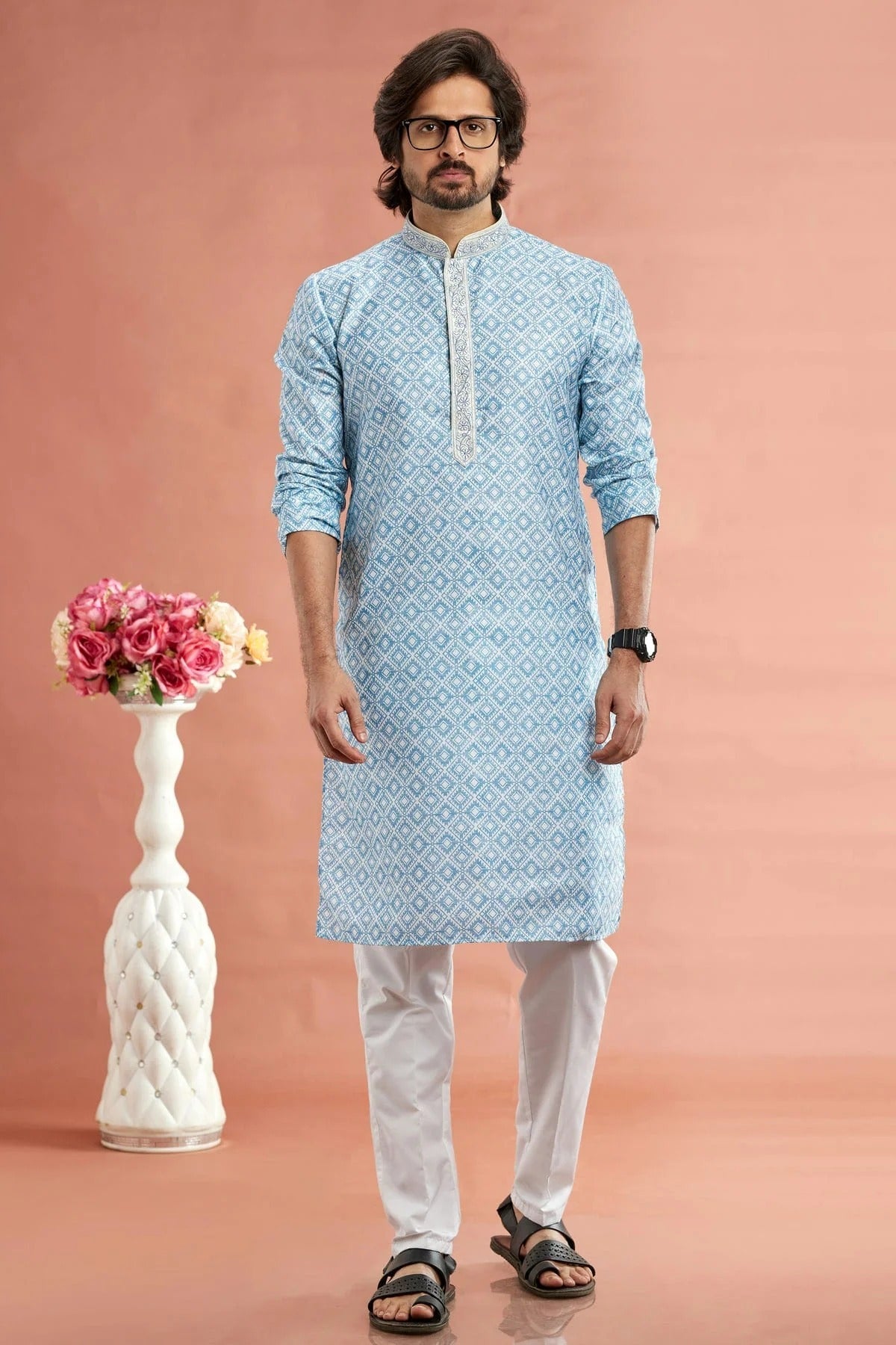 Sky Blue Colour Cotton Thread Work Kurta Pajama KP1230168 A