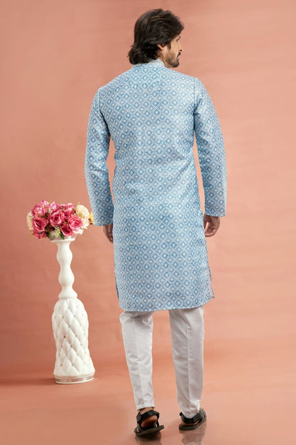 Sky Blue Colour Cotton Thread Work Kurta Pajama KP1230168 B