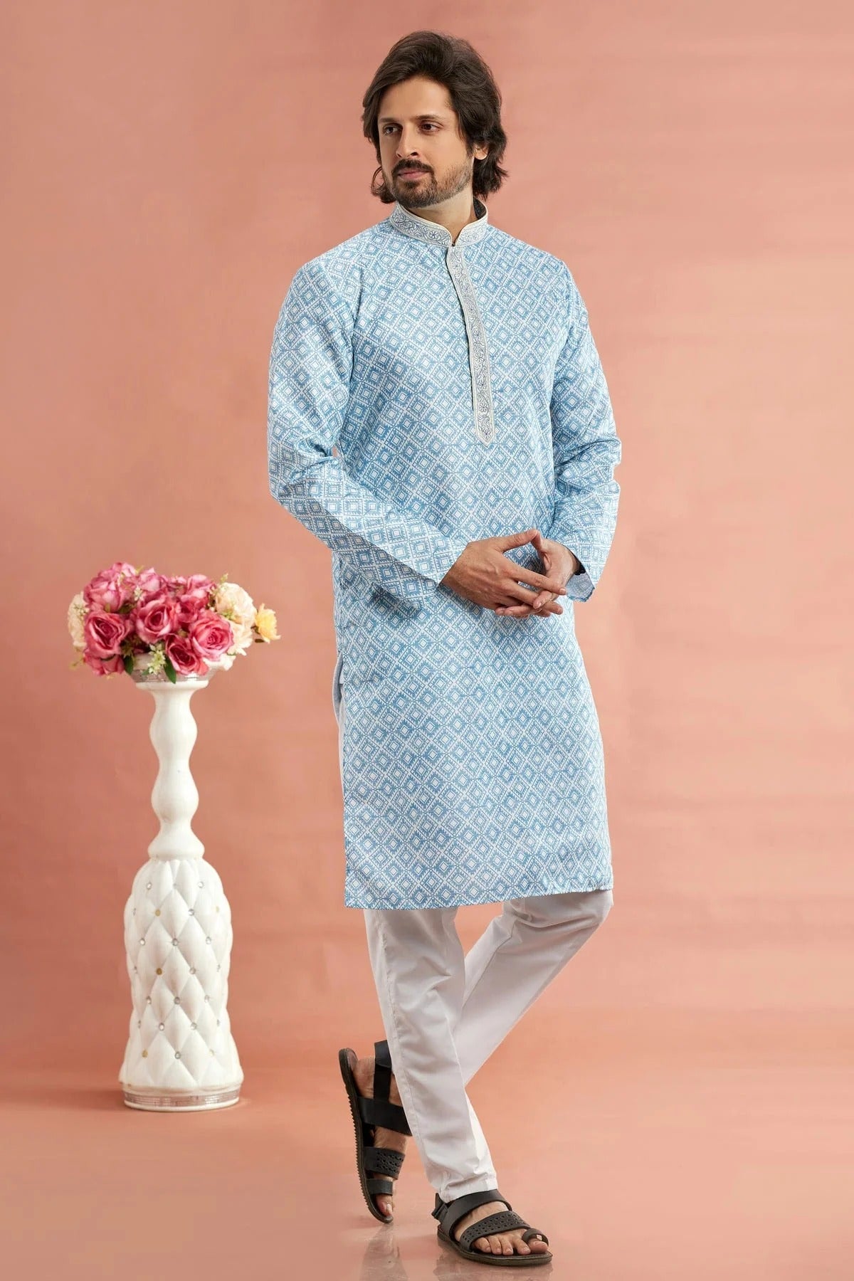 Sky Blue Colour Cotton Thread Work Kurta Pajama KP1230168