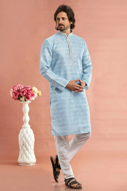 Sky Blue Colour Cotton Thread Work Kurta Pajama KP1230168