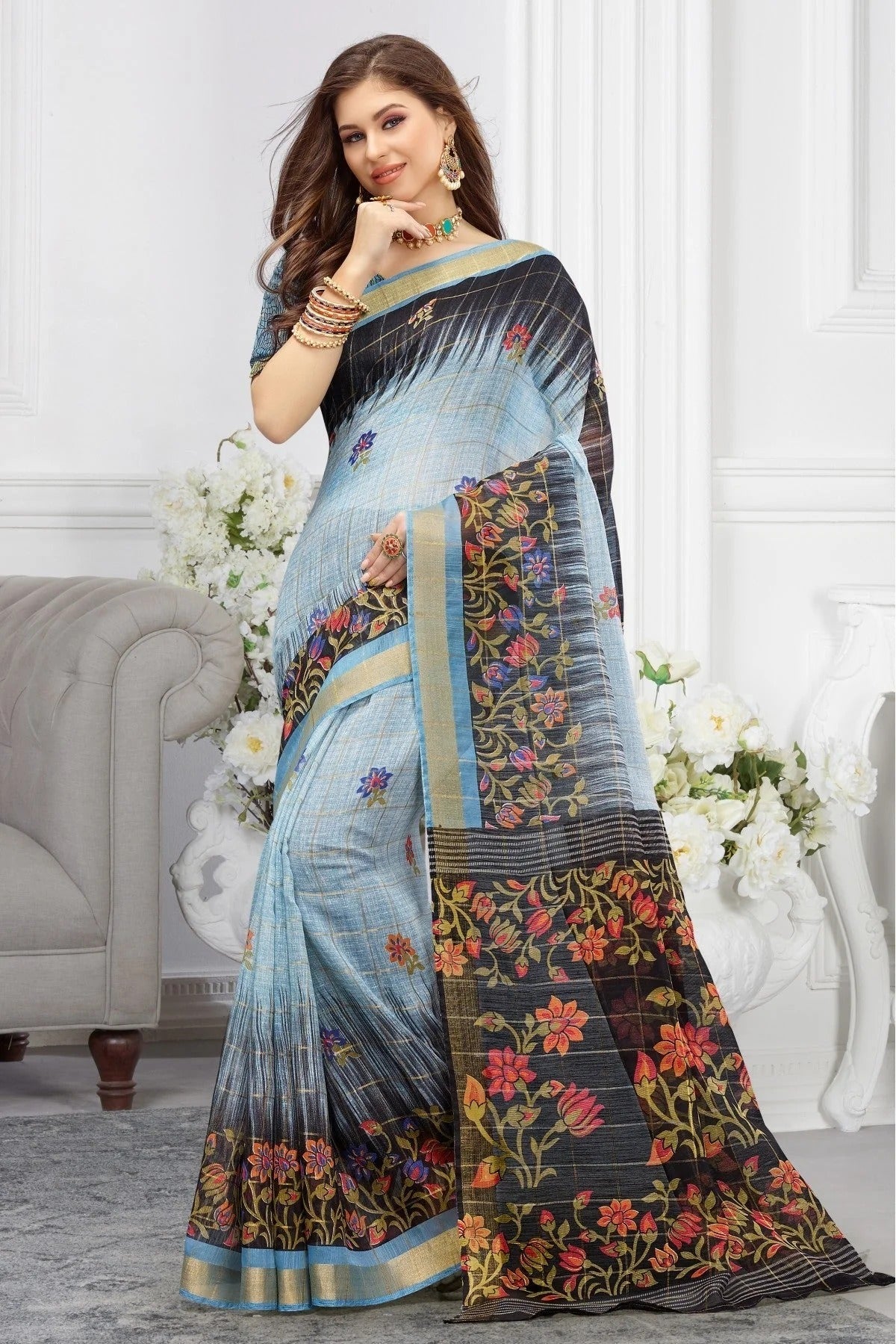 Sky Blue Colour Cotton Traditional Saree SD1100748
