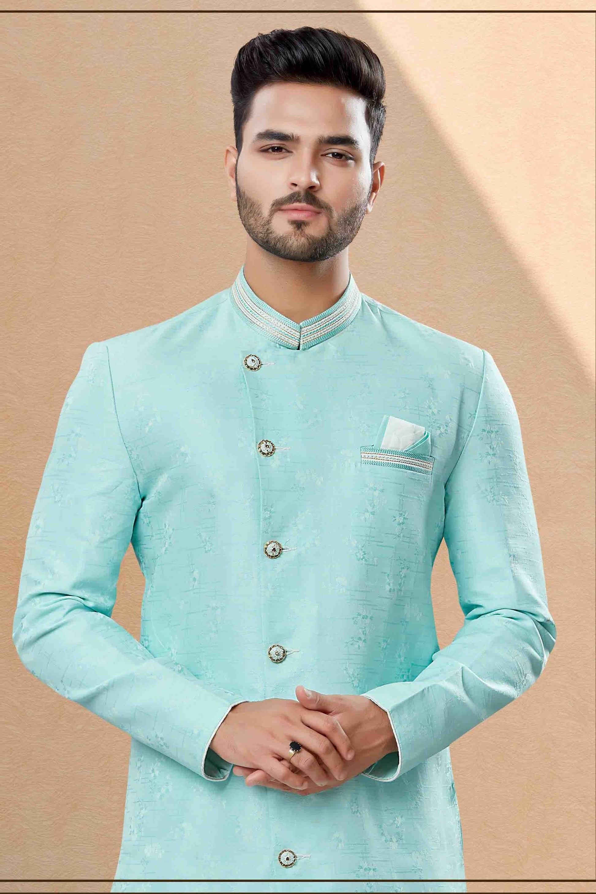 Sky Blue Colour Dhoti Sherwani In Banarasi Jacquard Fabric SH1040395 A
