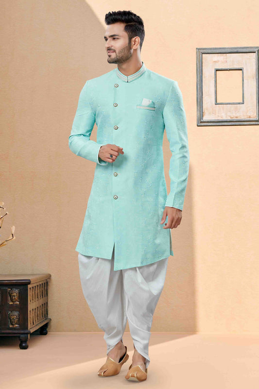 Sky Blue Colour Dhoti Sherwani In Banarasi Jacquard Fabric SH1040395