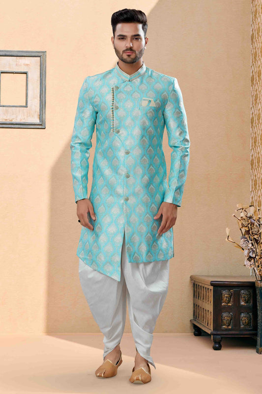 Sky Blue Colour Dhoti Sherwani In Banarasi Jacquard Fabric SH1040400