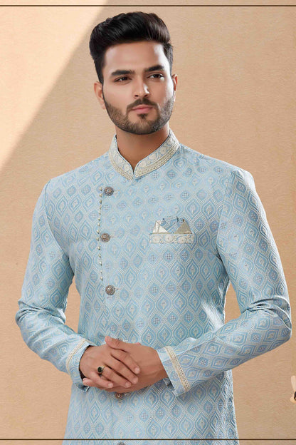 Sky Blue Colour Dhoti Sherwani In Banarasi Jacquard Fabric SH1040432 A