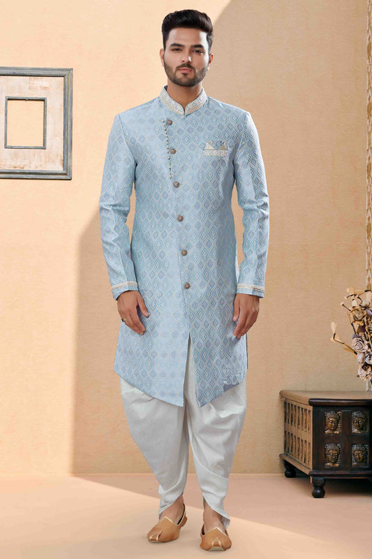 Sky Blue Colour Dhoti Sherwani In Banarasi Jacquard Fabric SH1040432