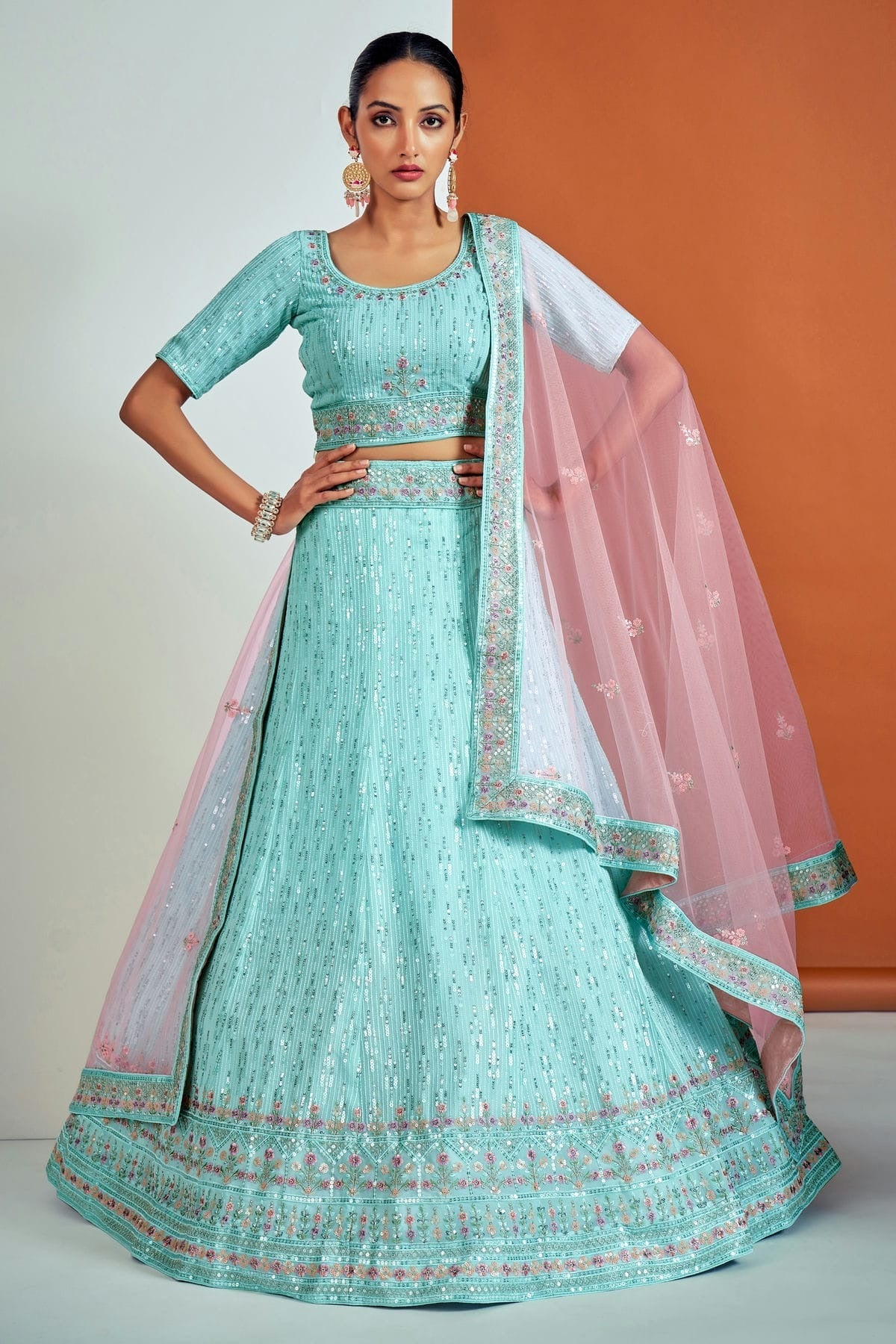 Sky Blue Colour Embroidery Georgette Lehenga Choli LD1080676