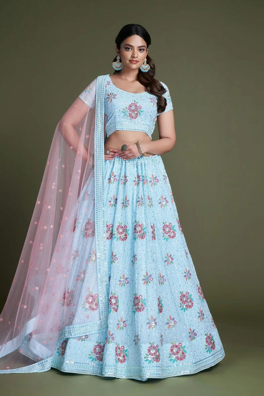 Sky Blue Colour Embroidery Georgette Lehenga Choli LD1080848