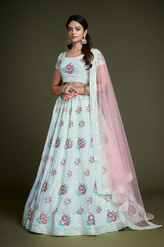 Sky Blue Colour Embroidery Georgette Lehenga Choli LD1080849