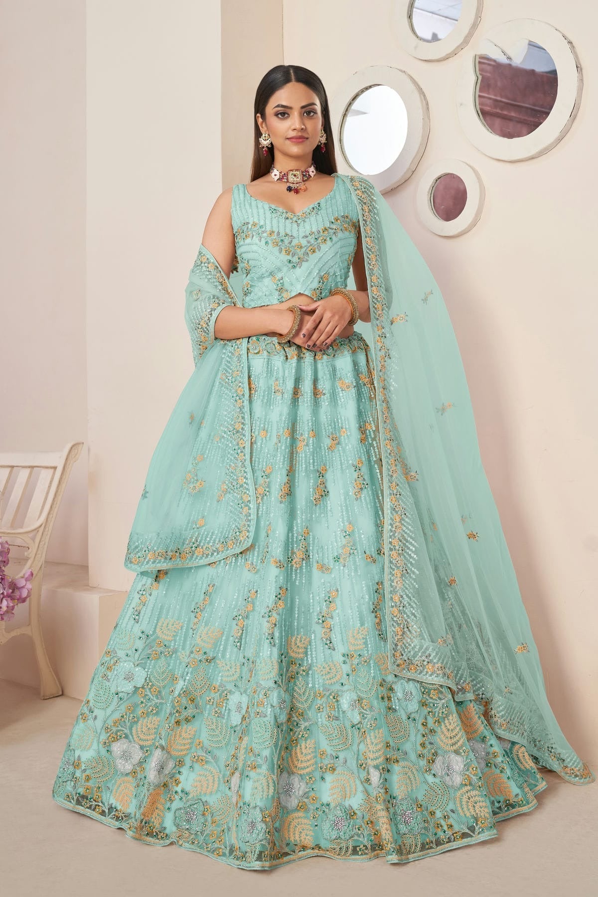 Sky Blue Colour Embroidery Net Lehenga Choli LD1080854