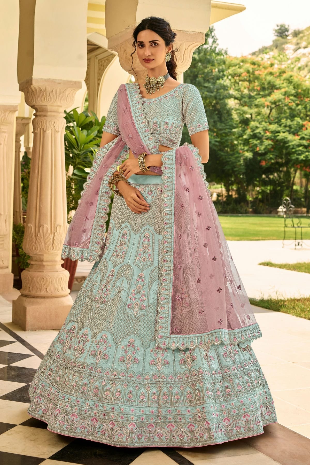 Sky Blue Colour Embroidery Organza Lehenga Choli LD1080819
