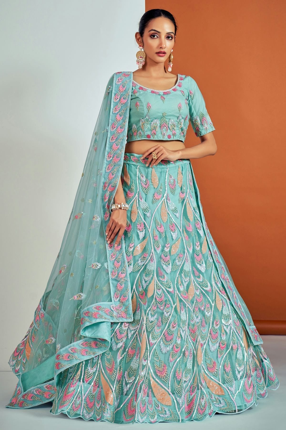 Sky Blue Colour Embroidery Soft Net Lehenga Choli LD1080673