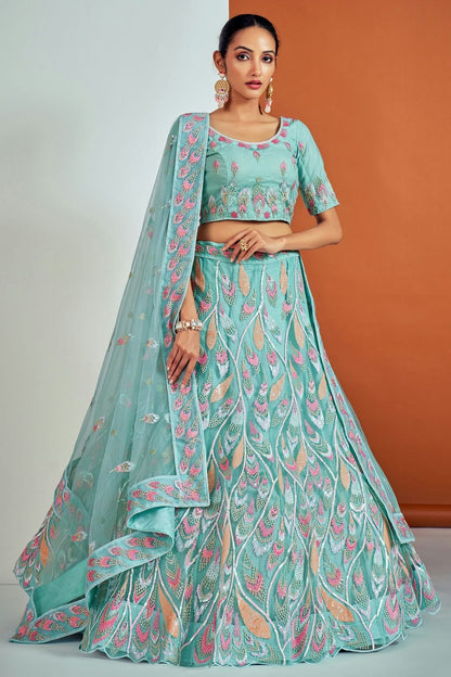Sky Blue Colour Embroidery Soft Net Lehenga Choli LD1080673
