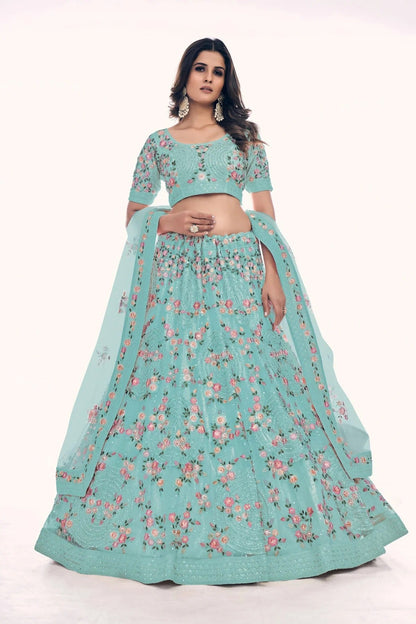 Sky Blue Colour Embroidery Soft Net Lehenga Choli LD1080759