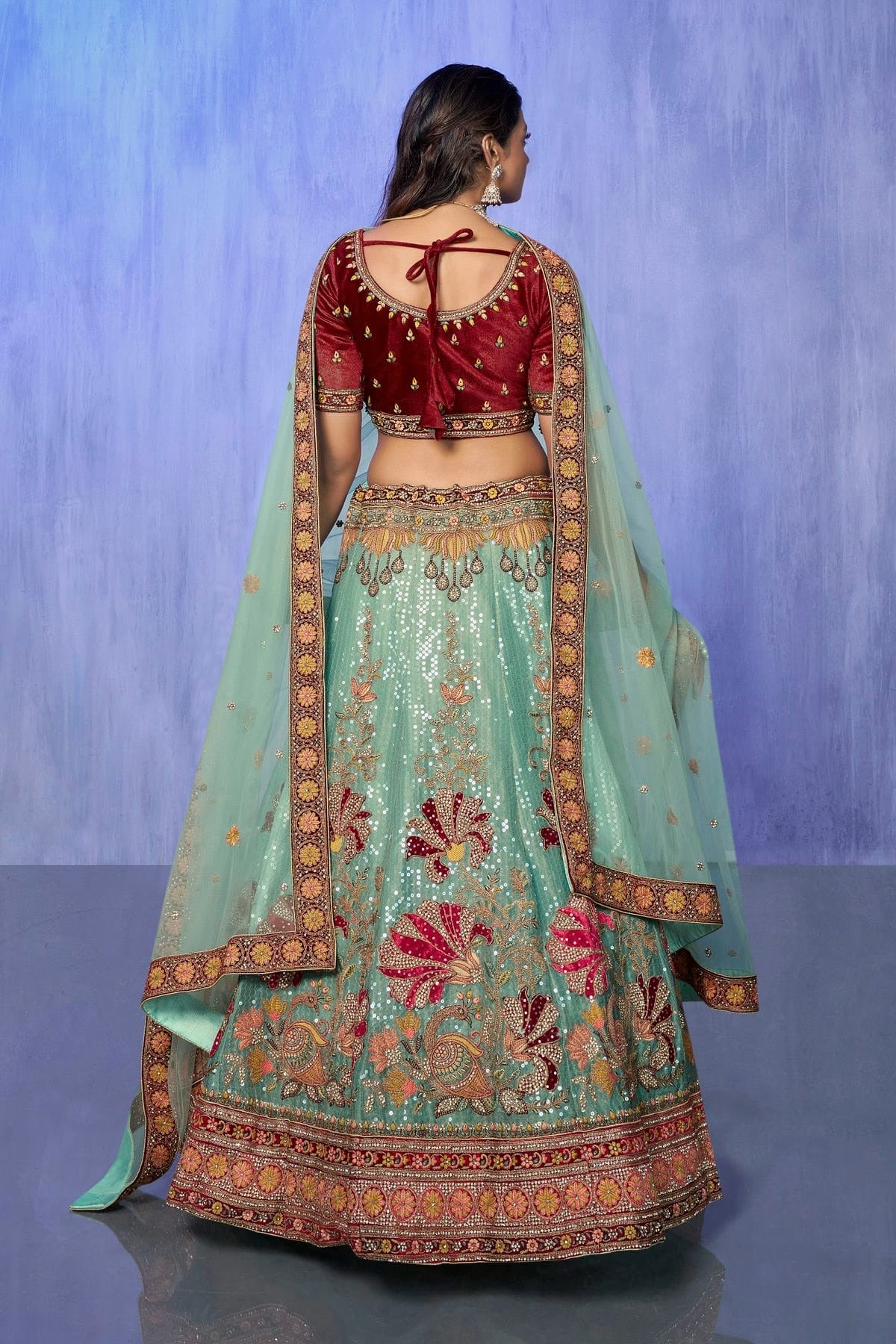 Sky Blue Colour Embroidery Velvet Lehenga Choli LD1080736 A