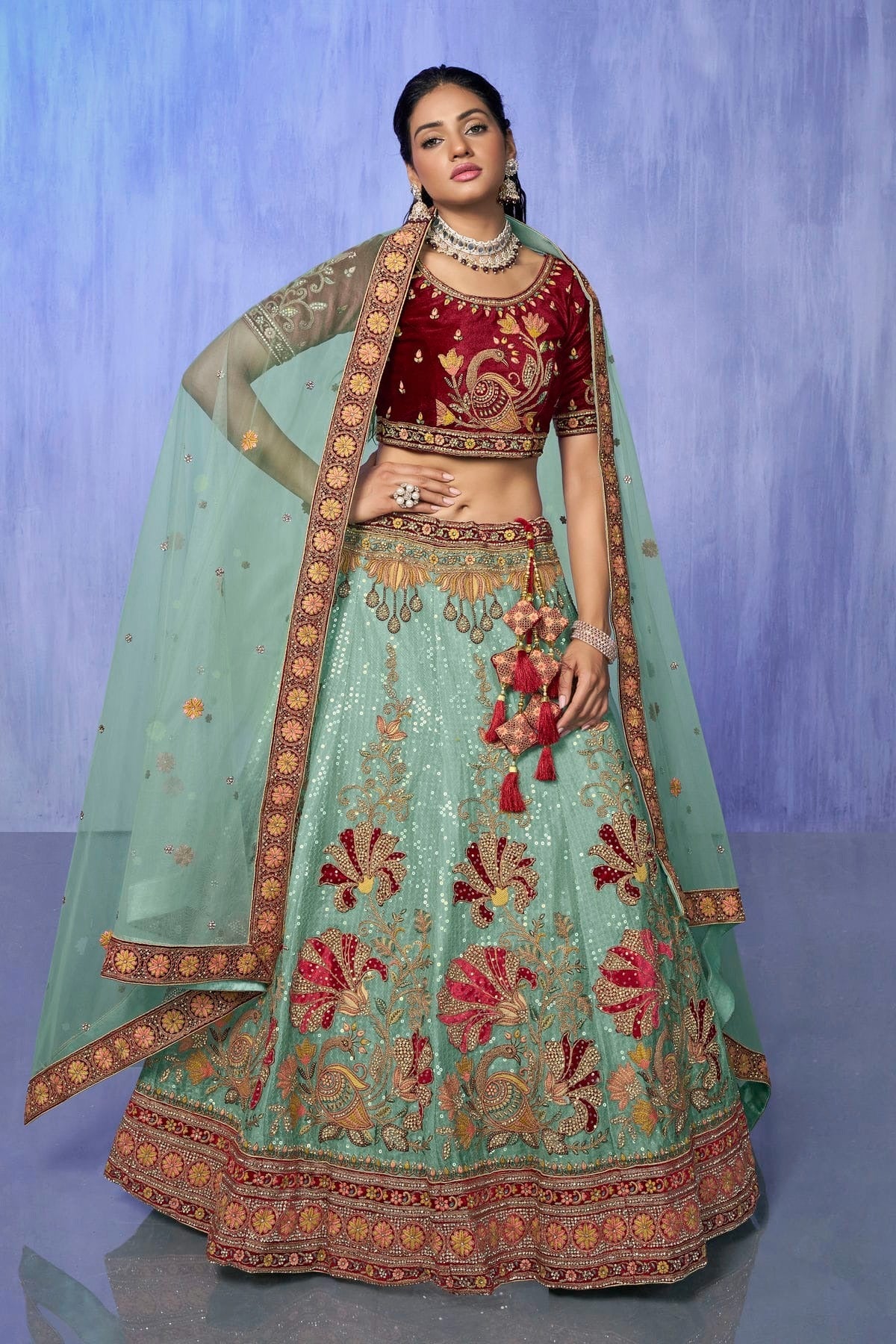 Sky Blue Colour Embroidery Velvet Lehenga Choli LD1080736