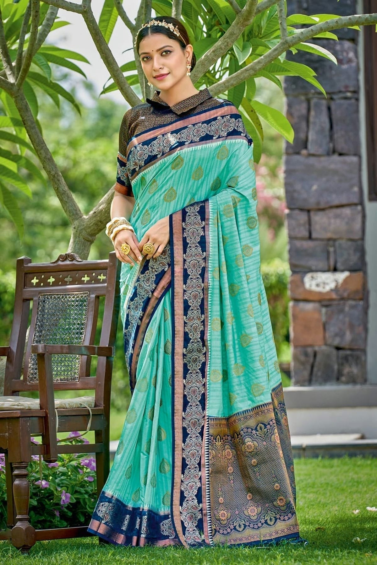 Sky Blue Colour Embroidery Work Banarasi Silk Saree SD1101360