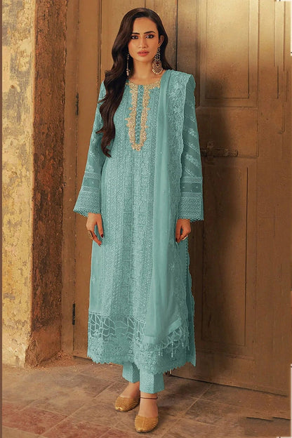 Sky Blue Colour Faux Georgette Semi Stitched Pakistani Suit SM1140469