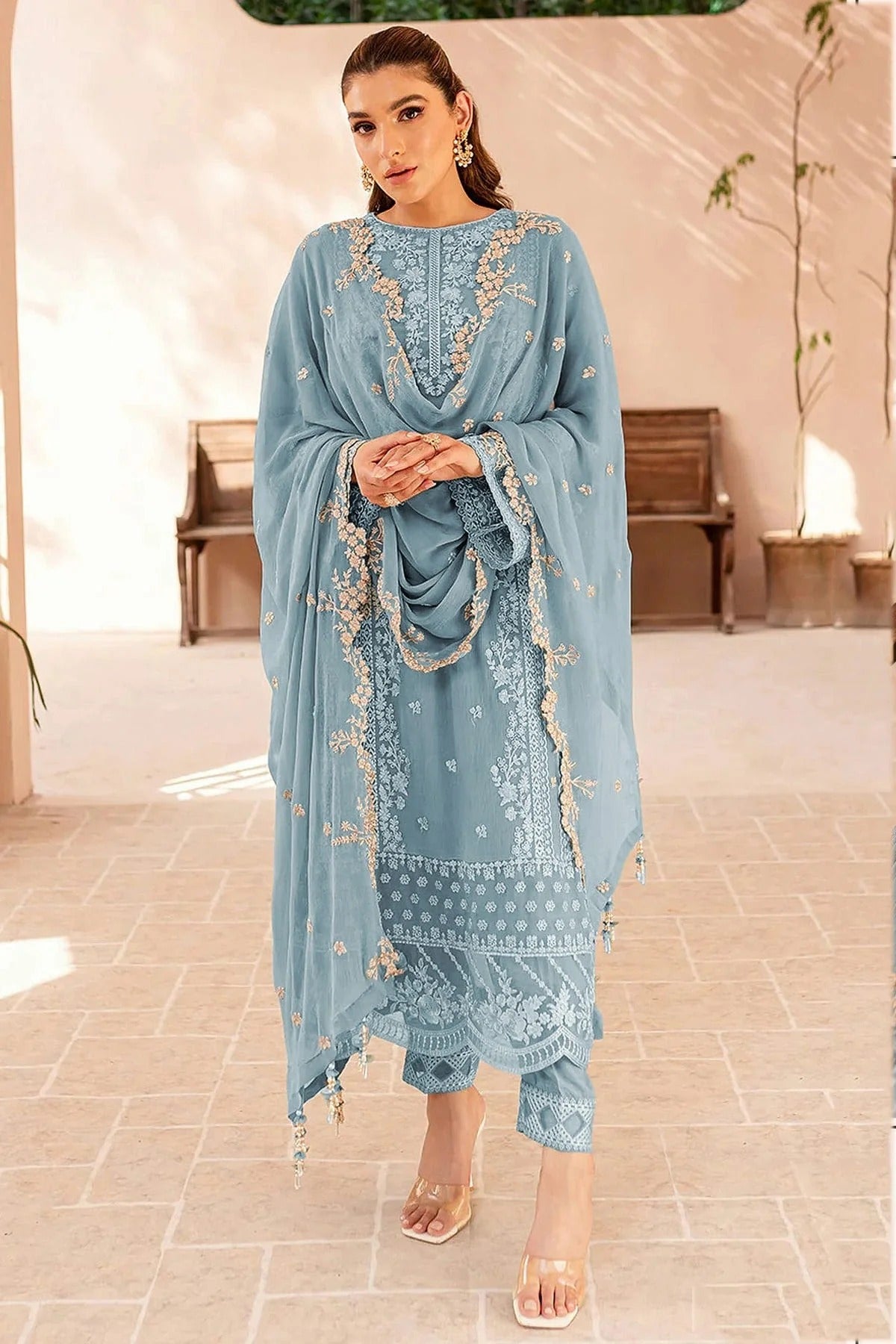 Sky Blue Colour Faux Georgette Semi Stitched Pakistani Suit SM1140474