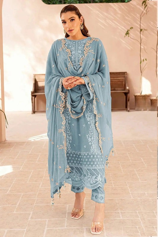 Sky Blue Colour Faux Georgette Semi Stitched Pakistani Suit SM1140474