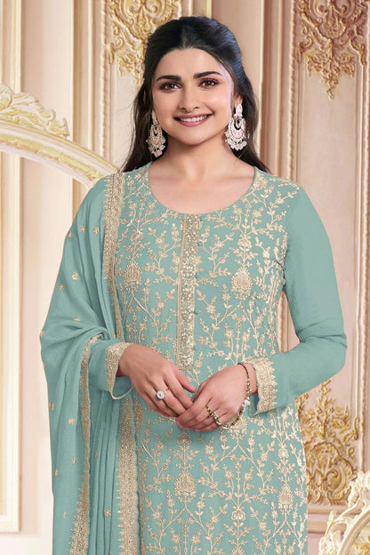 Sky Blue Colour Faux Georgette Semi Stitched Pant Style Suit SM1140493 A