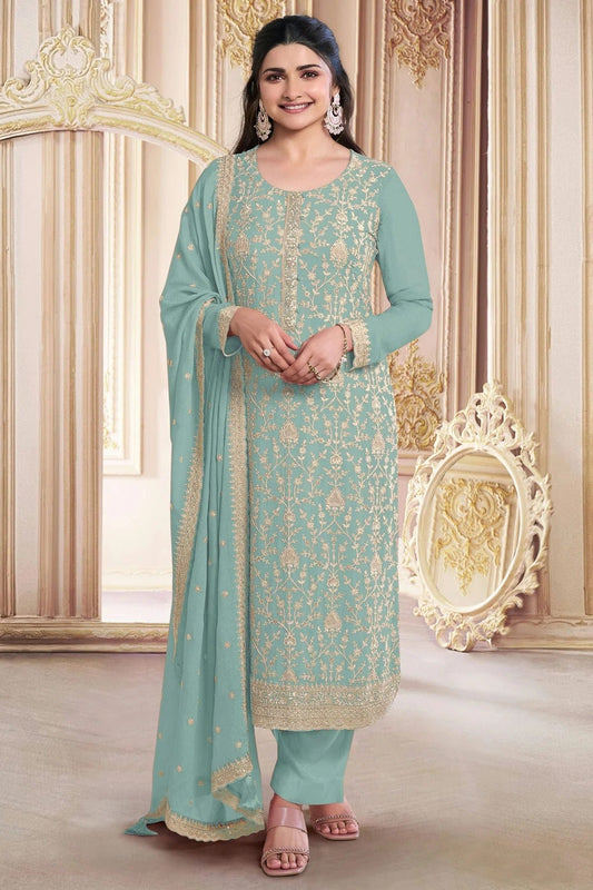 Sky Blue Colour Faux Georgette Semi Stitched Pant Style Suit SM1140493