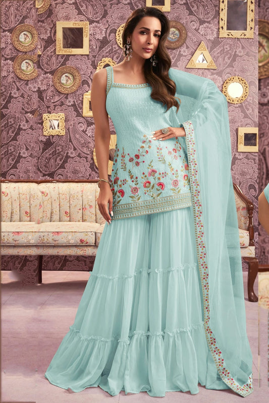 Sky Blue Colour Faux Georgette Semi Stitched Sharara Suit SM1140490