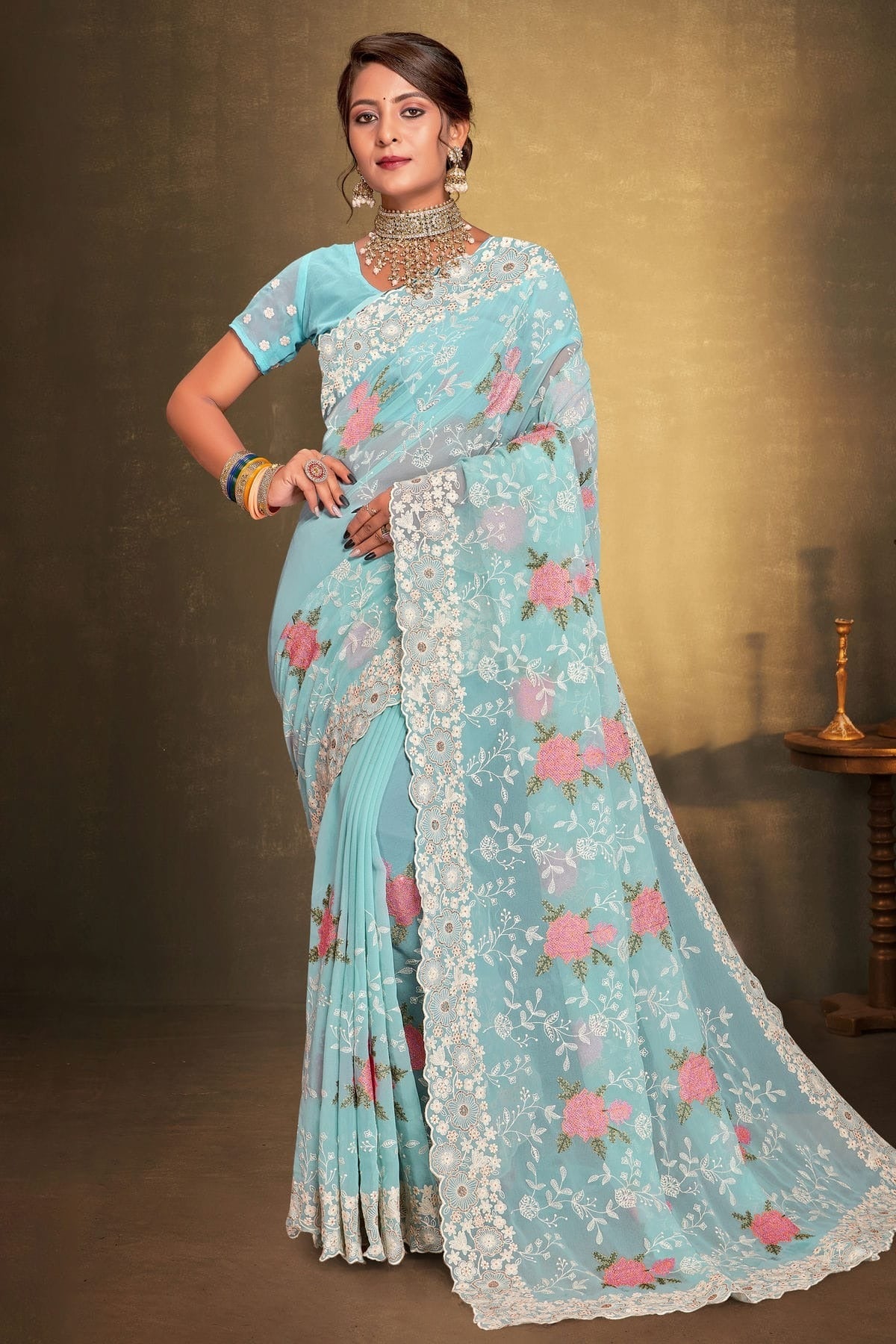Sky Blue Colour Georgette Designer Saree LC1121522