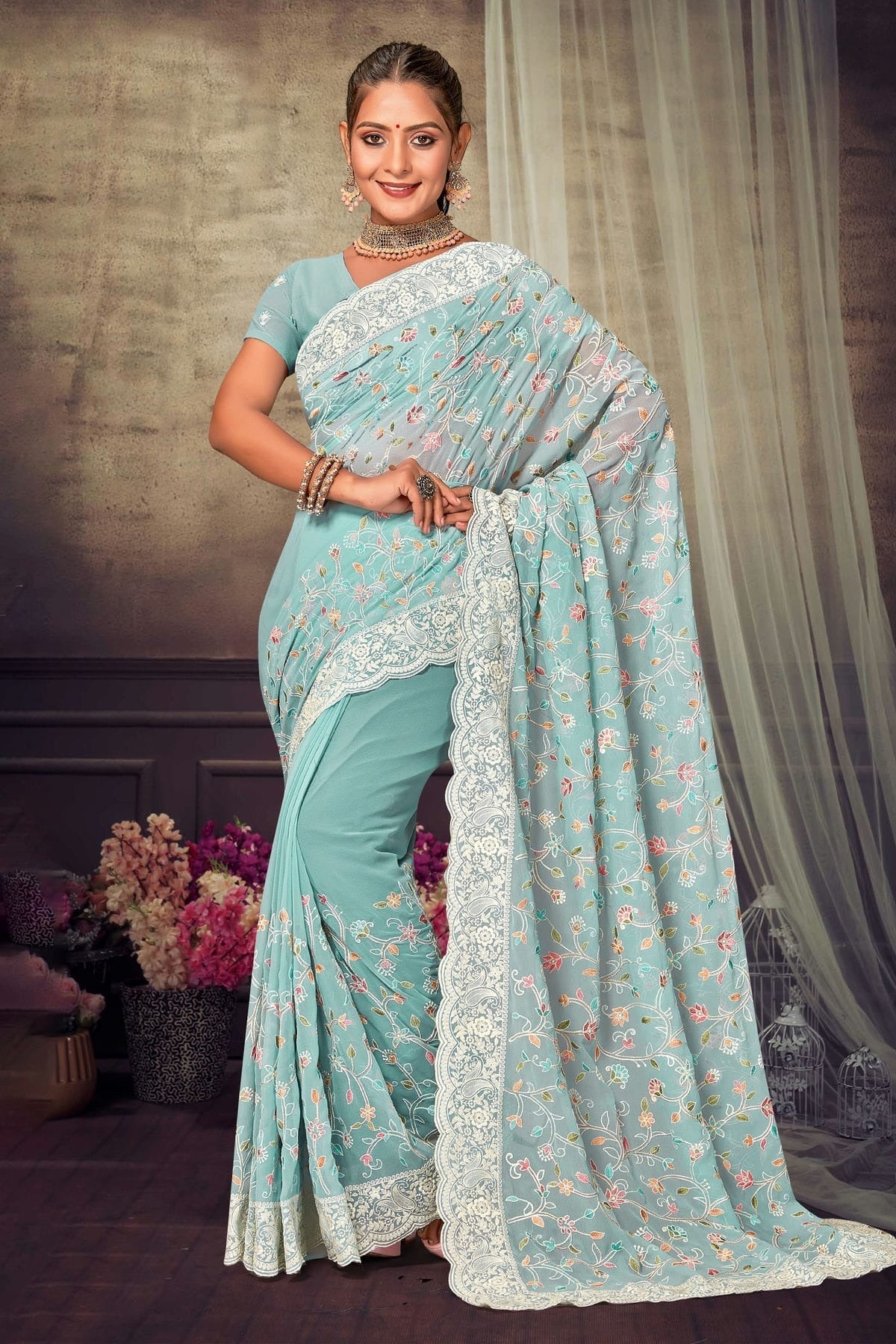 Sky Blue Colour Georgette Designer Saree LC1121559