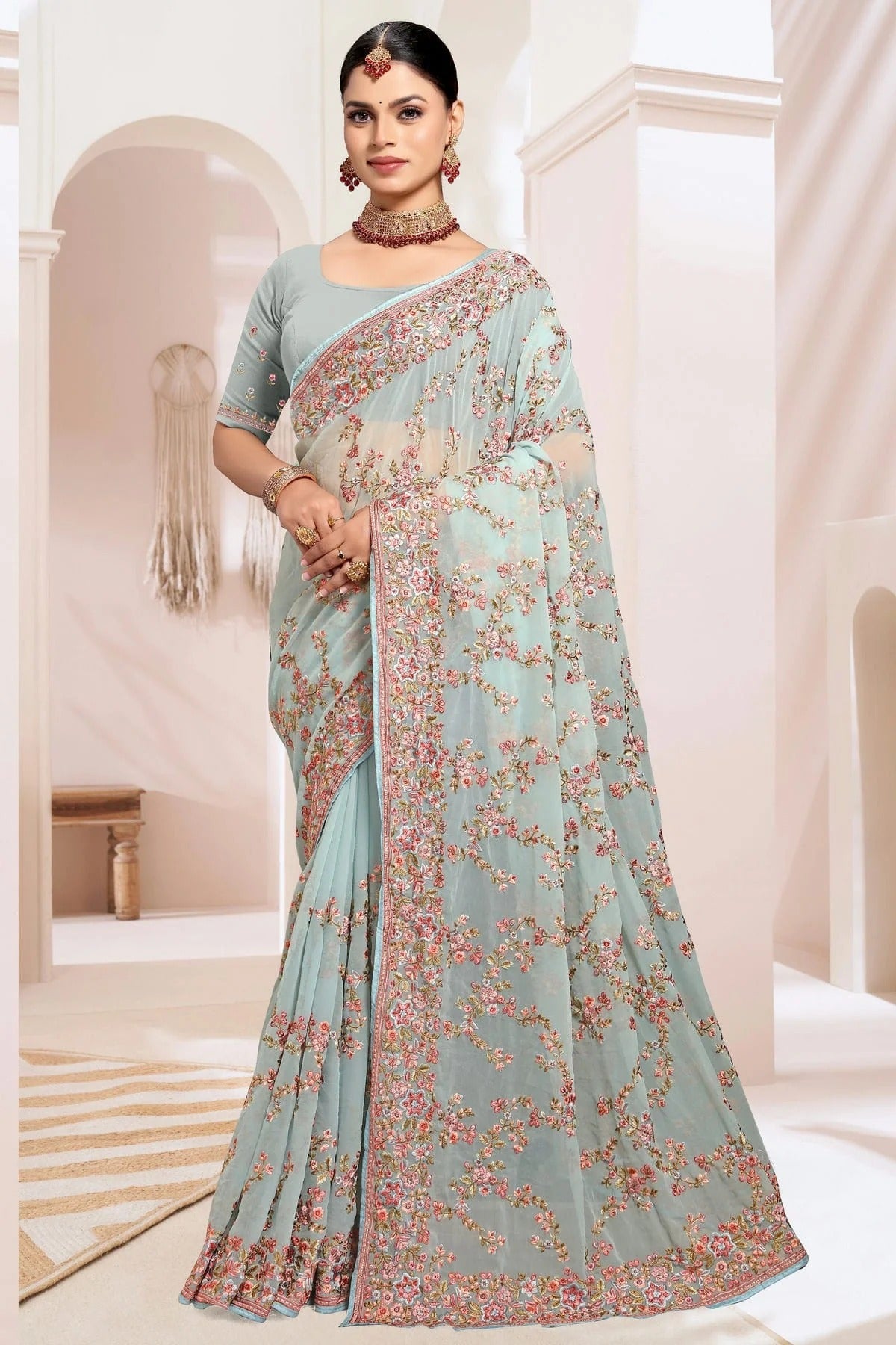 Sky Blue Colour Georgette Designer Saree SD1091186
