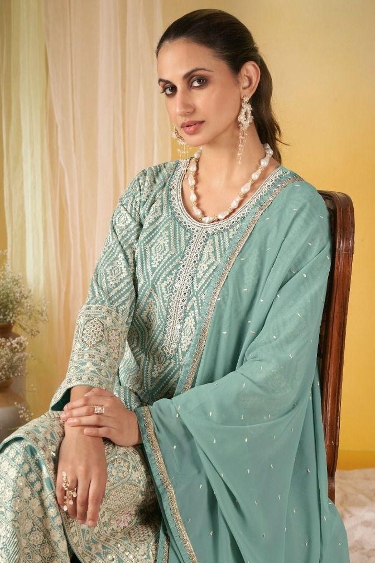 Sky Blue Colour Georgette Embroidery Work Palazzo Pant Suit