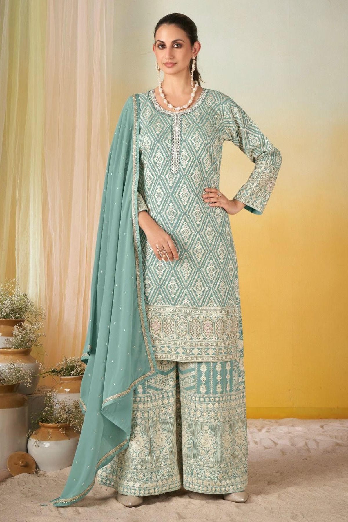 Sky Blue Colour Georgette Embroidery Work Palazzo Pant Suit