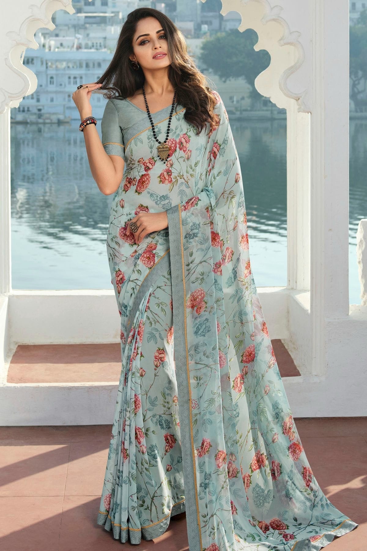 Sky Blue Colour Georgette Printed Saree SD1180079