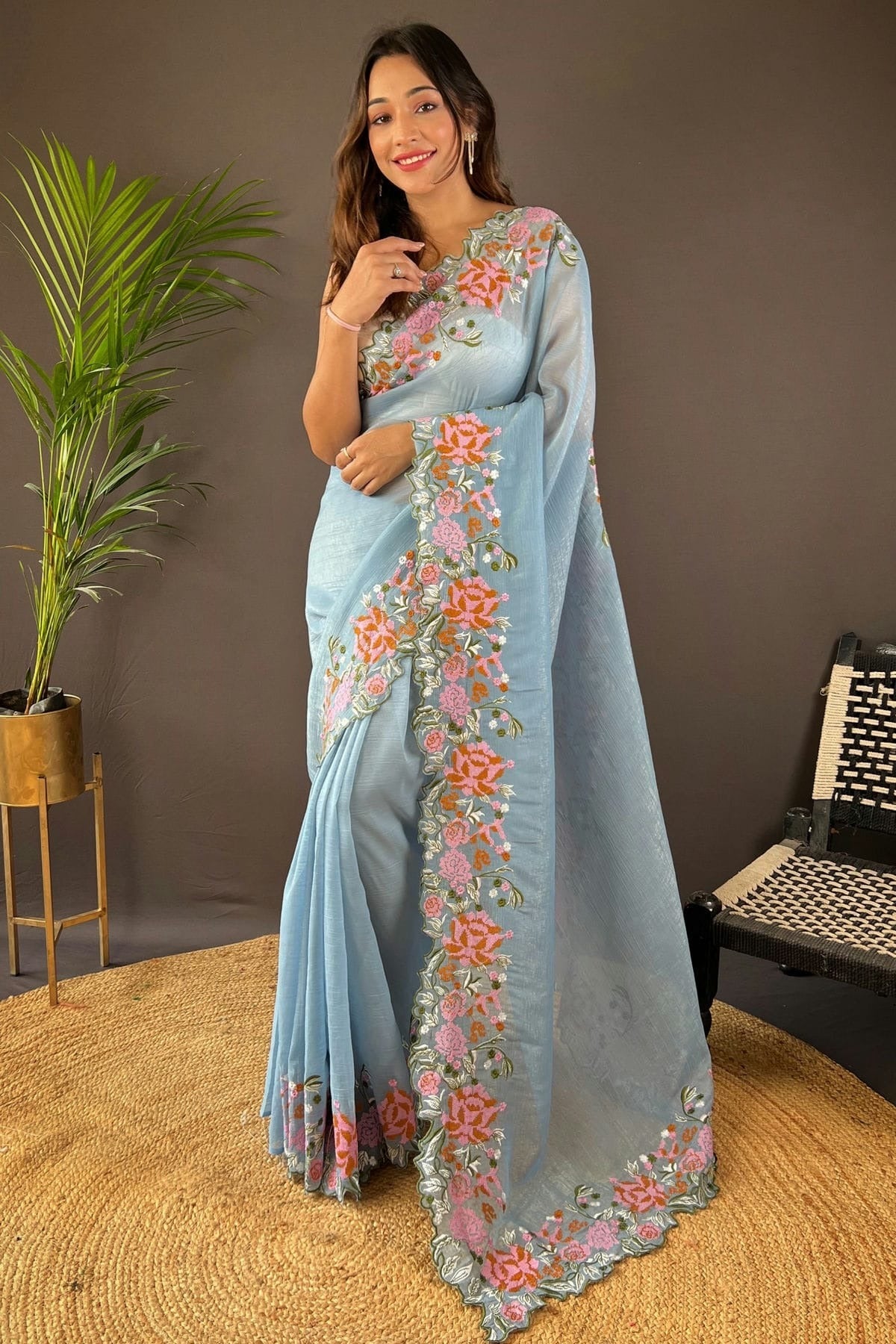 Sky Blue Colour Glossy Silk Designer Saree SD1111892