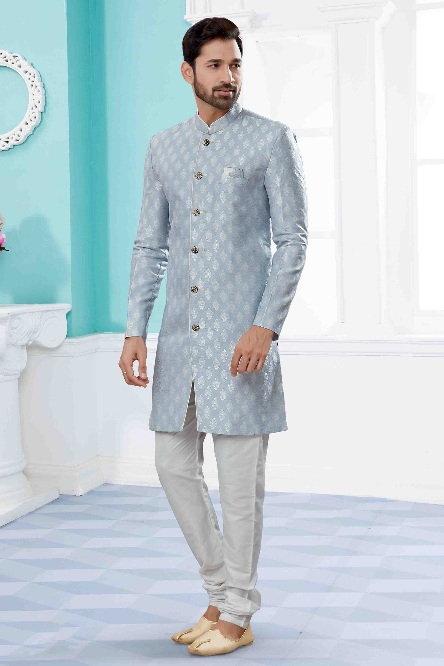 Sky Blue Colour Indo Western In Banarasi Jacquard Fabric SH1040447
