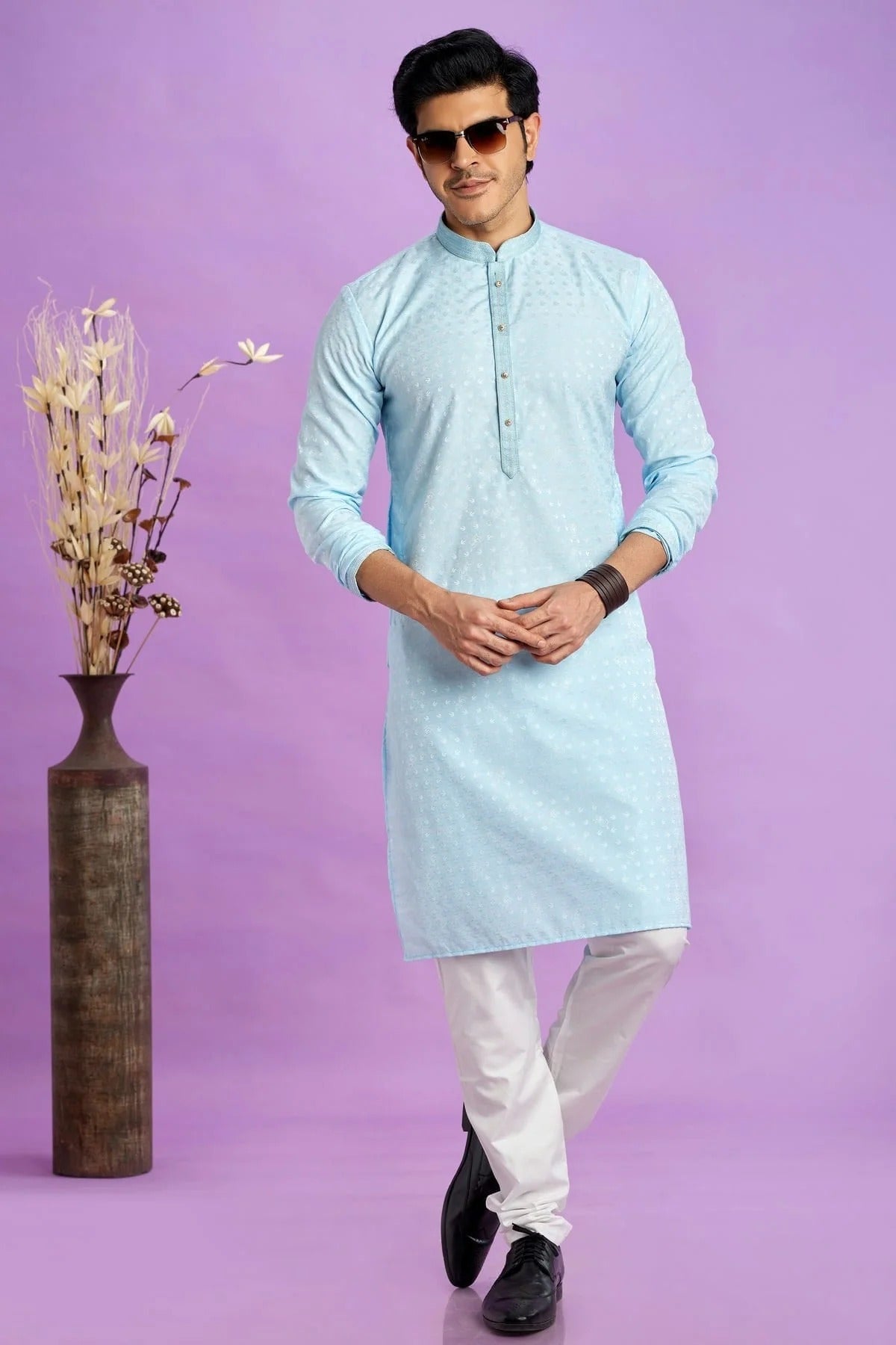 Sky Blue Colour Jacquard Art Silk Pintex Work Kurta Pajama KP1230200 A