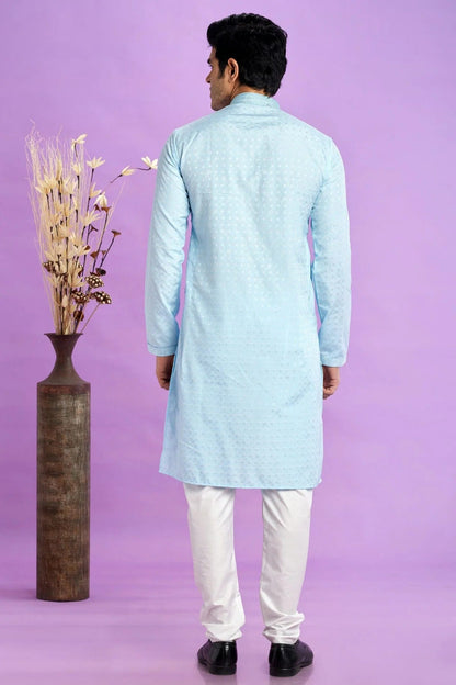 Sky Blue Colour Jacquard Art Silk Pintex Work Kurta Pajama KP1230200 B