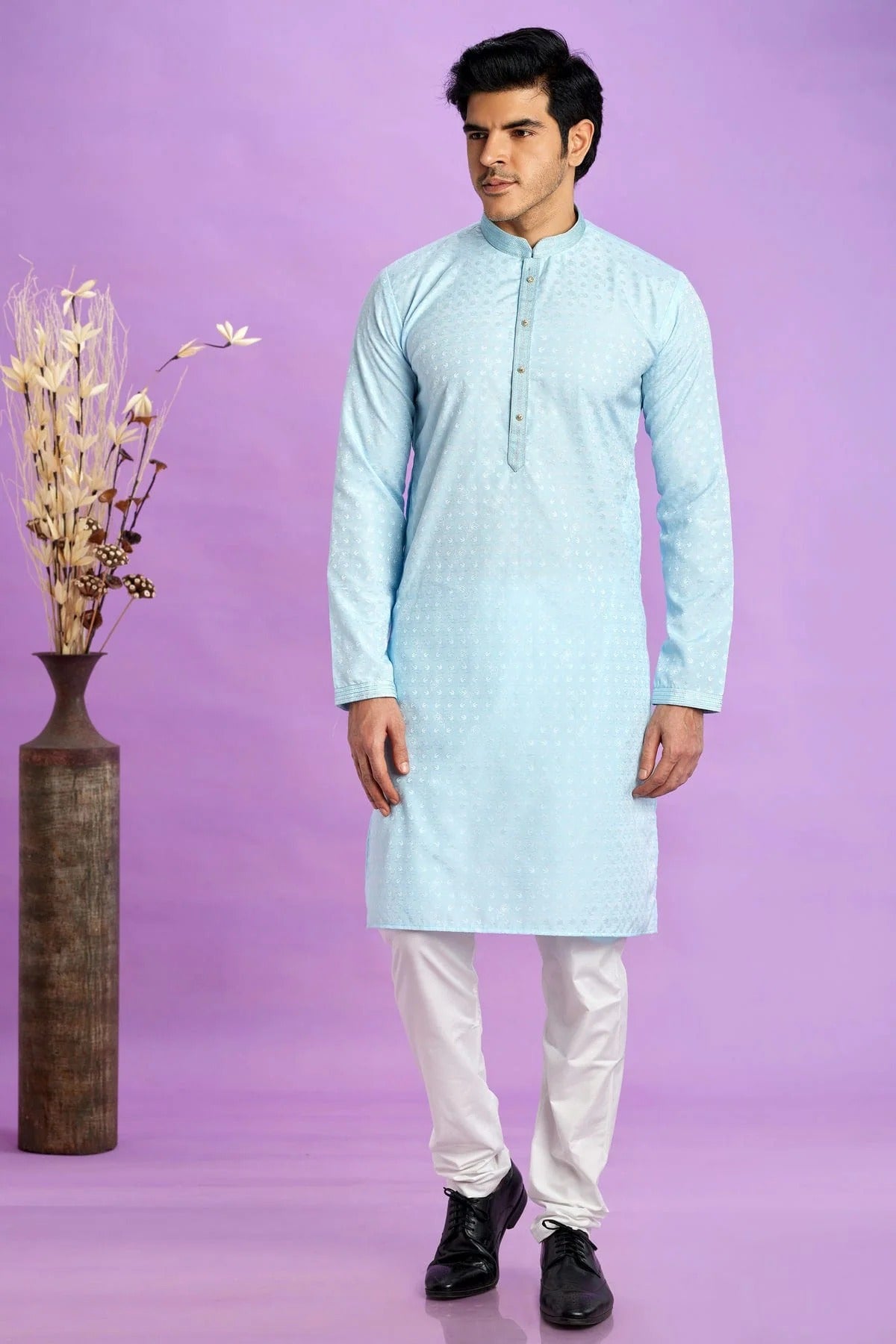 Sky Blue Colour Jacquard Art Silk Pintex Work Kurta Pajama KP1230200