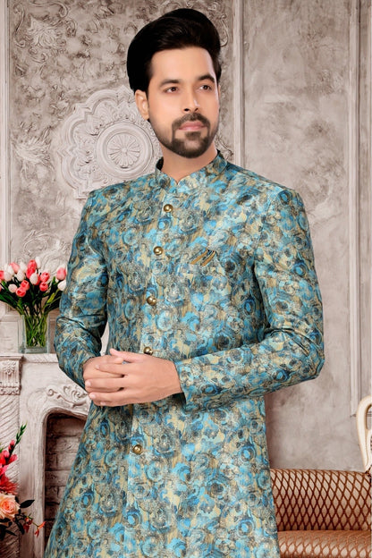 Sky Blue Colour Jacquard Dhoti Sherwani SH1040281 A