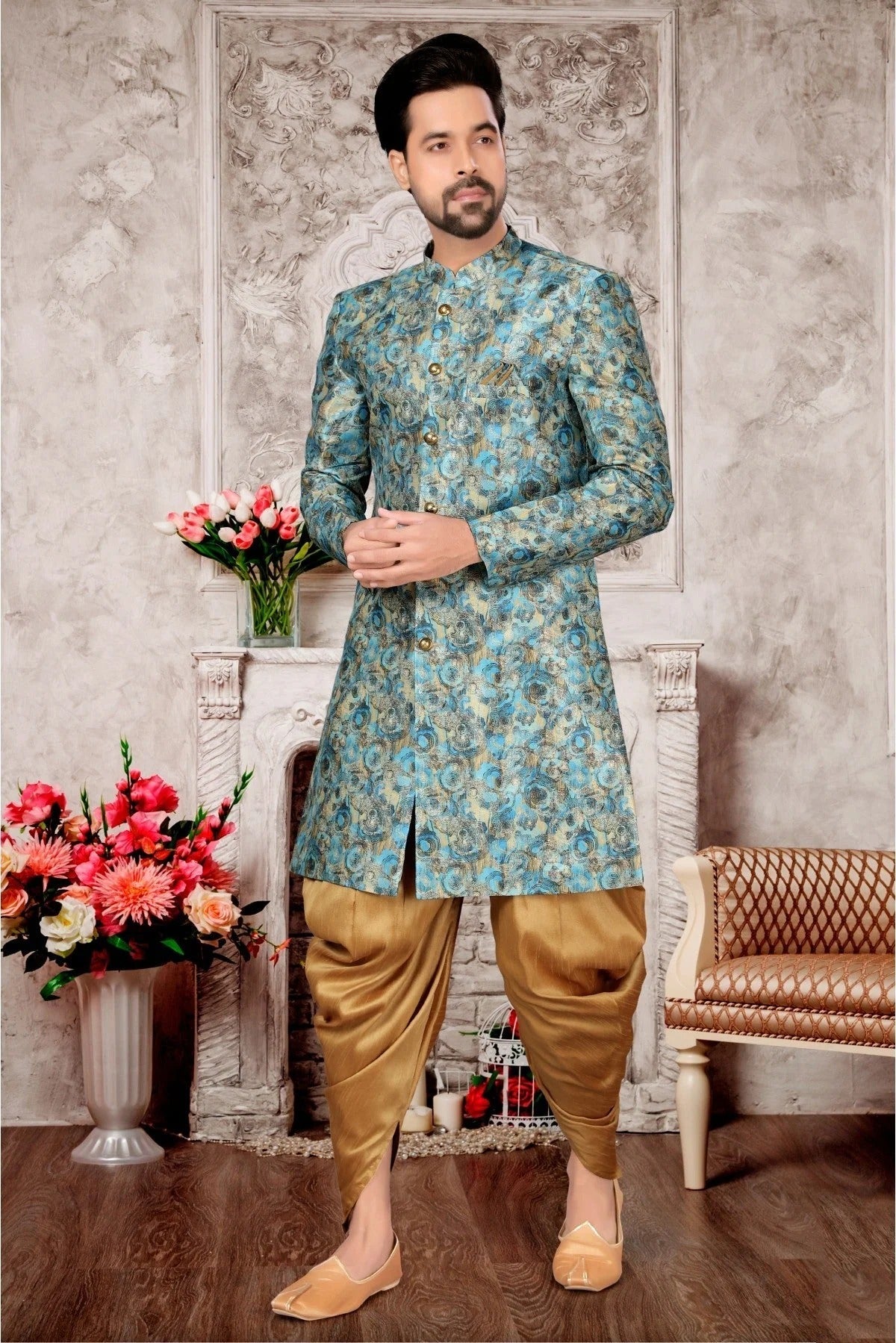 Sky Blue Colour Jacquard Dhoti Sherwani SH1040281