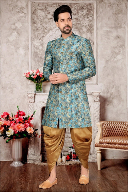 Sky Blue Colour Jacquard Dhoti Sherwani SH1040281