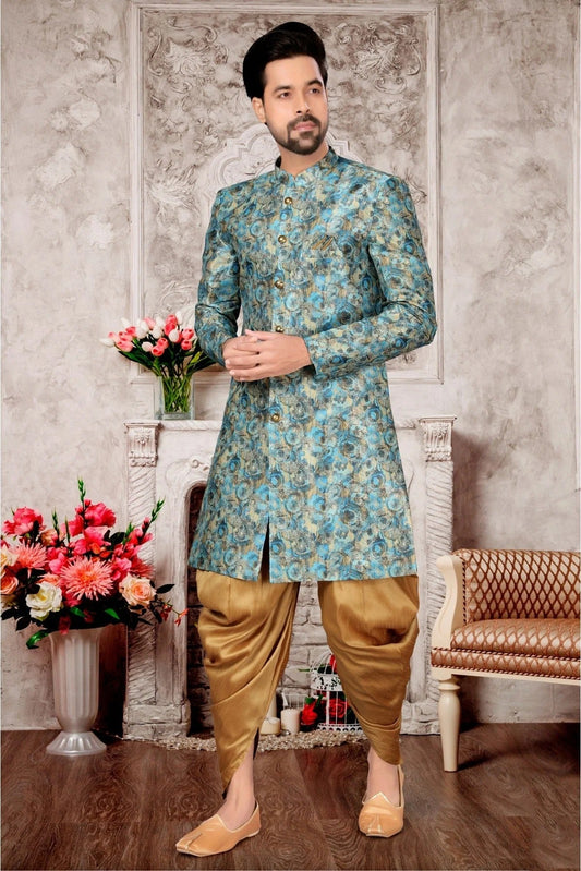 Sky Blue Colour Jacquard Dhoti Sherwani SH1040281
