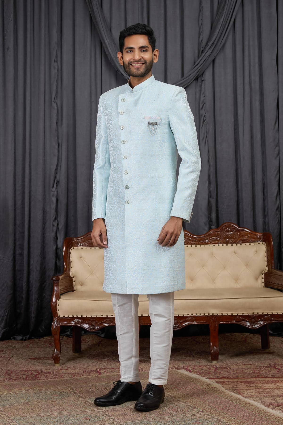 Sky Blue Colour Jacquard Embroidery Work Indo Western Sherwani SH1230597