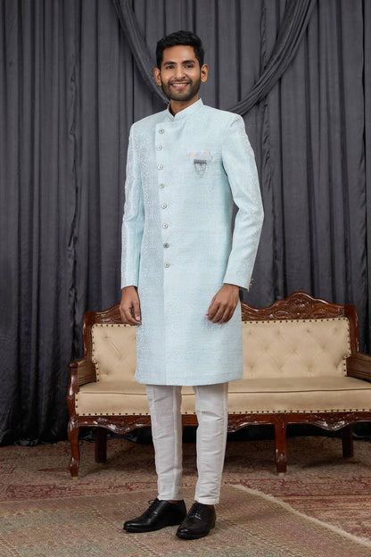 Sky Blue Colour Jacquard Embroidery Work Indo Western Sherwani SH1230597