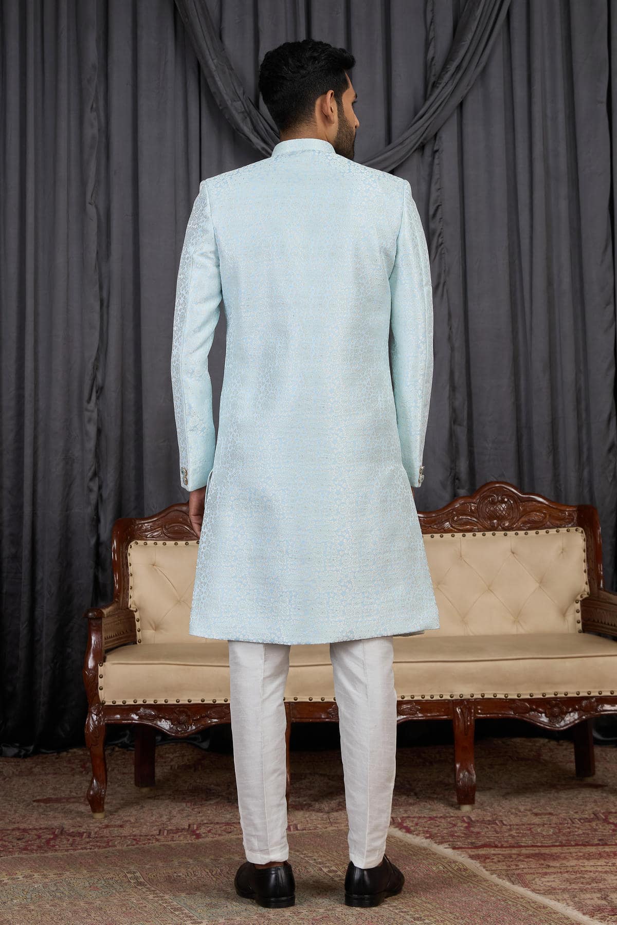 Sky Blue Colour Jacquard Embroidery Work Indo Western Sherwani SH1230597
