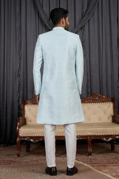 Sky Blue Colour Jacquard Embroidery Work Indo Western Sherwani SH1230597