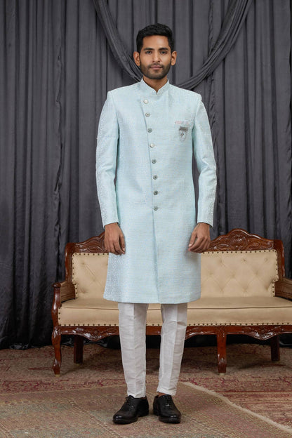 Sky Blue Colour Jacquard Embroidery Work Indo Western Sherwani SH1230597