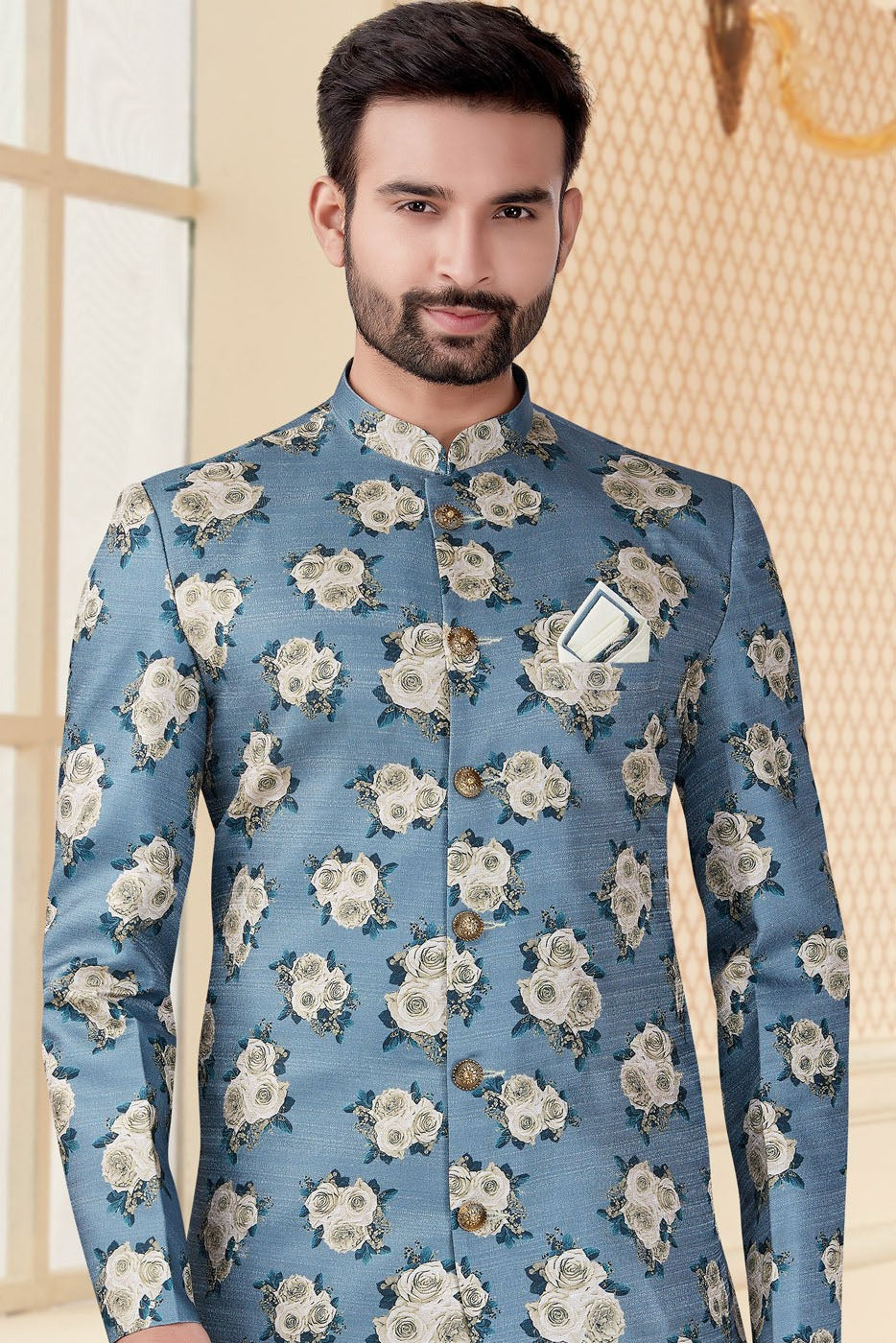 Sky Blue Colour Jacquard Sherwani SH1040253 A