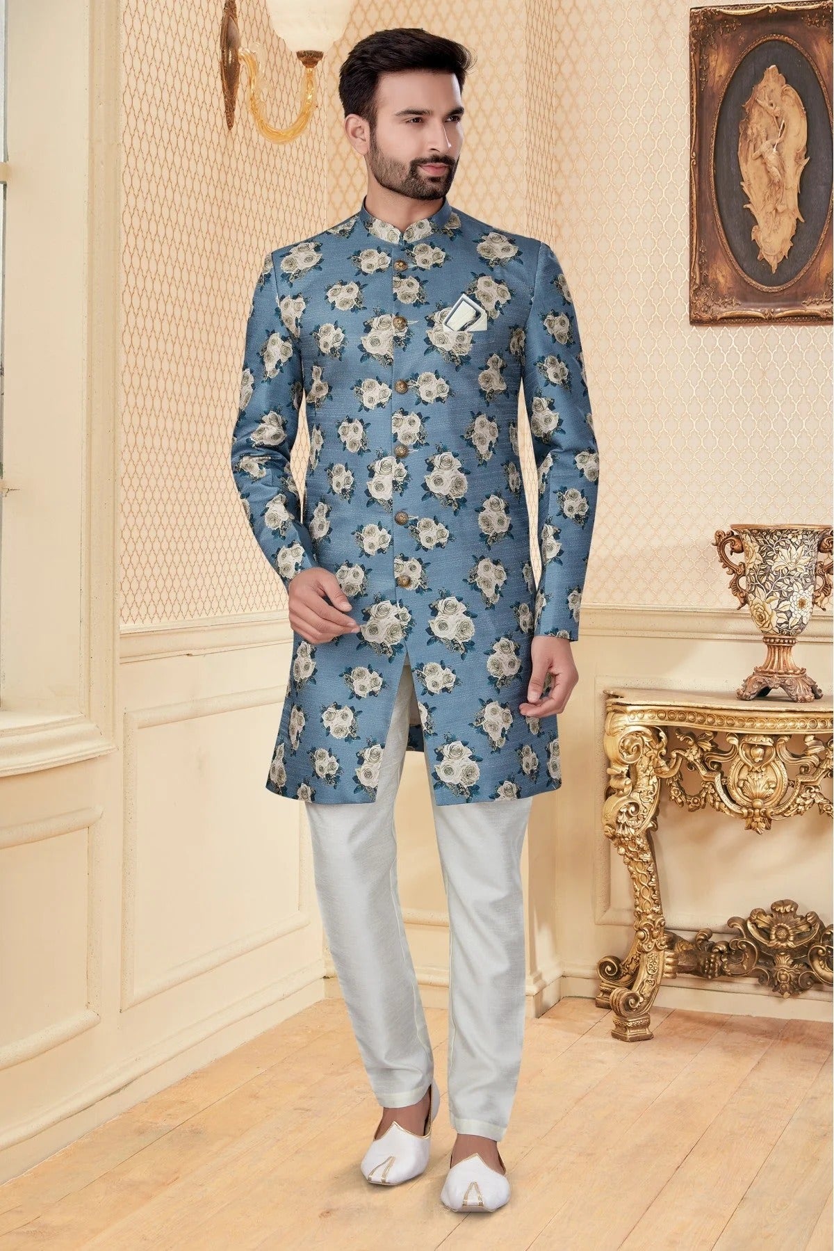 Sky Blue Colour Jacquard Sherwani SH1040253