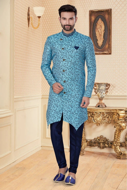 Sky Blue Colour Jacquard Sherwani SH1040269